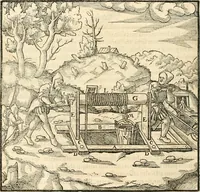 An illustration from Georgii Agricolae De re metallica libri XII. qvibus officia, instrumenta, machinae, ac omnia deni ad metallicam spectantia, non modo luculentissimè describuntur, sed & per effigies, suis locis insertas, adiunctis latinis, germanicis appellationibus ita ob oculos ponuntur, ut clarius tradi non possint. Eivsdem De animantibvs svbterraneis liber, ab autore recognitus: cum indicibus diuersis, quicqiuid in opere tractatum est, pulchré demonstrantibus (1556)
