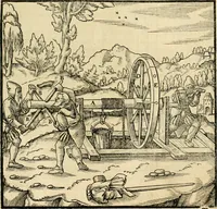 An illustration from Georgii Agricolae De re metallica libri XII. qvibus officia, instrumenta, machinae, ac omnia deni ad metallicam spectantia, non modo luculentissimè describuntur, sed & per effigies, suis locis insertas, adiunctis latinis, germanicis appellationibus ita ob oculos ponuntur, ut clarius tradi non possint. Eivsdem De animantibvs svbterraneis liber, ab autore recognitus: cum indicibus diuersis, quicqiuid in opere tractatum est, pulchré demonstrantibus (1556)