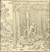 An illustration from Georgii Agricolae De re metallica libri XII. qvibus officia, instrumenta, machinae, ac omnia deni ad metallicam spectantia, non modo luculentissimè describuntur, sed & per effigies, suis locis insertas, adiunctis latinis, germanicis appellationibus ita ob oculos ponuntur, ut clarius tradi non possint. Eivsdem De animantibvs svbterraneis liber, ab autore recognitus: cum indicibus diuersis, quicqiuid in opere tractatum est, pulchré demonstrantibus (1556)