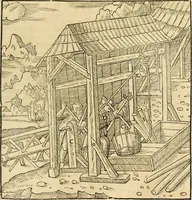 An illustration from Georgii Agricolae De re metallica libri XII. qvibus officia, instrumenta, machinae, ac omnia deni ad metallicam spectantia, non modo luculentissimè describuntur, sed & per effigies, suis locis insertas, adiunctis latinis, germanicis appellationibus ita ob oculos ponuntur, ut clarius tradi non possint. Eivsdem De animantibvs svbterraneis liber, ab autore recognitus: cum indicibus diuersis, quicqiuid in opere tractatum est, pulchré demonstrantibus (1556)