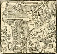 An illustration from Georgii Agricolae De re metallica libri XII. qvibus officia, instrumenta, machinae, ac omnia deni ad metallicam spectantia, non modo luculentissimè describuntur, sed & per effigies, suis locis insertas, adiunctis latinis, germanicis appellationibus ita ob oculos ponuntur, ut clarius tradi non possint. Eivsdem De animantibvs svbterraneis liber, ab autore recognitus: cum indicibus diuersis, quicqiuid in opere tractatum est, pulchré demonstrantibus (1556)
