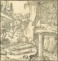 An illustration from Georgii Agricolae De re metallica libri XII. qvibus officia, instrumenta, machinae, ac omnia deni ad metallicam spectantia, non modo luculentissimè describuntur, sed & per effigies, suis locis insertas, adiunctis latinis, germanicis appellationibus ita ob oculos ponuntur, ut clarius tradi non possint. Eivsdem De animantibvs svbterraneis liber, ab autore recognitus: cum indicibus diuersis, quicqiuid in opere tractatum est, pulchré demonstrantibus (1556)