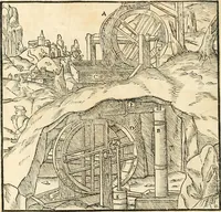 An illustration from Georgii Agricolae De re metallica libri XII. qvibus officia, instrumenta, machinae, ac omnia deni ad metallicam spectantia, non modo luculentissimè describuntur, sed & per effigies, suis locis insertas, adiunctis latinis, germanicis appellationibus ita ob oculos ponuntur, ut clarius tradi non possint. Eivsdem De animantibvs svbterraneis liber, ab autore recognitus: cum indicibus diuersis, quicqiuid in opere tractatum est, pulchré demonstrantibus (1556)