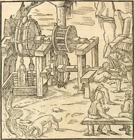 Picture 102 of 293 from Georgii Agricolae De re metallica libri XII. qvibus officia, instrumenta, machinae, ac omnia deni ad metallicam spectantia, non modo luculentissimè describuntur, sed & per effigies, suis locis insertas, adiunctis latinis, germanicis appellationibus ita ob oculos ponuntur, ut clarius tradi non possint. Eivsdem De animantibvs svbterraneis liber, ab autore recognitus: cum indicibus diuersis, quicqiuid in opere tractatum est, pulchré demonstrantibus (1556), leaf 173