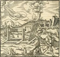 An illustration from Georgii Agricolae De re metallica libri XII. qvibus officia, instrumenta, machinae, ac omnia deni ad metallicam spectantia, non modo luculentissimè describuntur, sed & per effigies, suis locis insertas, adiunctis latinis, germanicis appellationibus ita ob oculos ponuntur, ut clarius tradi non possint. Eivsdem De animantibvs svbterraneis liber, ab autore recognitus: cum indicibus diuersis, quicqiuid in opere tractatum est, pulchré demonstrantibus (1556)