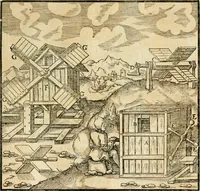 Picture 109 of 293 from Georgii Agricolae De re metallica libri XII. qvibus officia, instrumenta, machinae, ac omnia deni ad metallicam spectantia, non modo luculentissimè describuntur, sed & per effigies, suis locis insertas, adiunctis latinis, germanicis appellationibus ita ob oculos ponuntur, ut clarius tradi non possint. Eivsdem De animantibvs svbterraneis liber, ab autore recognitus: cum indicibus diuersis, quicqiuid in opere tractatum est, pulchré demonstrantibus (1556), leaf 182