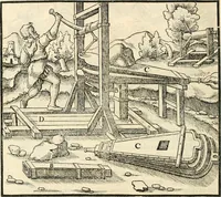 An illustration from Georgii Agricolae De re metallica libri XII. qvibus officia, instrumenta, machinae, ac omnia deni ad metallicam spectantia, non modo luculentissimè describuntur, sed & per effigies, suis locis insertas, adiunctis latinis, germanicis appellationibus ita ob oculos ponuntur, ut clarius tradi non possint. Eivsdem De animantibvs svbterraneis liber, ab autore recognitus: cum indicibus diuersis, quicqiuid in opere tractatum est, pulchré demonstrantibus (1556)