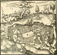 An illustration from Georgii Agricolae De re metallica libri XII. qvibus officia, instrumenta, machinae, ac omnia deni ad metallicam spectantia, non modo luculentissimè describuntur, sed & per effigies, suis locis insertas, adiunctis latinis, germanicis appellationibus ita ob oculos ponuntur, ut clarius tradi non possint. Eivsdem De animantibvs svbterraneis liber, ab autore recognitus: cum indicibus diuersis, quicqiuid in opere tractatum est, pulchré demonstrantibus (1556)