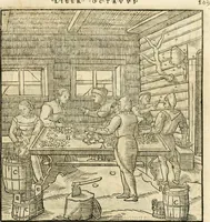 Picture 131 of 293 from Georgii Agricolae De re metallica libri XII. qvibus officia, instrumenta, machinae, ac omnia deni ad metallicam spectantia, non modo luculentissimè describuntur, sed & per effigies, suis locis insertas, adiunctis latinis, germanicis appellationibus ita ob oculos ponuntur, ut clarius tradi non possint. Eivsdem De animantibvs svbterraneis liber, ab autore recognitus: cum indicibus diuersis, quicqiuid in opere tractatum est, pulchré demonstrantibus (1556), leaf 228