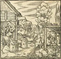 Picture 132 of 293 from Georgii Agricolae De re metallica libri XII. qvibus officia, instrumenta, machinae, ac omnia deni ad metallicam spectantia, non modo luculentissimè describuntur, sed & per effigies, suis locis insertas, adiunctis latinis, germanicis appellationibus ita ob oculos ponuntur, ut clarius tradi non possint. Eivsdem De animantibvs svbterraneis liber, ab autore recognitus: cum indicibus diuersis, quicqiuid in opere tractatum est, pulchré demonstrantibus (1556), leaf 229