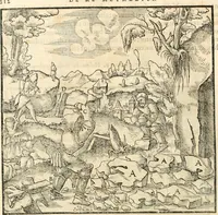 An illustration from Georgii Agricolae De re metallica libri XII. qvibus officia, instrumenta, machinae, ac omnia deni ad metallicam spectantia, non modo luculentissimè describuntur, sed & per effigies, suis locis insertas, adiunctis latinis, germanicis appellationibus ita ob oculos ponuntur, ut clarius tradi non possint. Eivsdem De animantibvs svbterraneis liber, ab autore recognitus: cum indicibus diuersis, quicqiuid in opere tractatum est, pulchré demonstrantibus (1556)