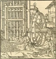 An illustration from Georgii Agricolae De re metallica libri XII. qvibus officia, instrumenta, machinae, ac omnia deni ad metallicam spectantia, non modo luculentissimè describuntur, sed & per effigies, suis locis insertas, adiunctis latinis, germanicis appellationibus ita ob oculos ponuntur, ut clarius tradi non possint. Eivsdem De animantibvs svbterraneis liber, ab autore recognitus: cum indicibus diuersis, quicqiuid in opere tractatum est, pulchré demonstrantibus (1556)