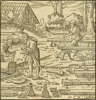 Picture 142 of 293 from Georgii Agricolae De re metallica libri XII. qvibus officia, instrumenta, machinae, ac omnia deni ad metallicam spectantia, non modo luculentissimè describuntur, sed & per effigies, suis locis insertas, adiunctis latinis, germanicis appellationibus ita ob oculos ponuntur, ut clarius tradi non possint. Eivsdem De animantibvs svbterraneis liber, ab autore recognitus: cum indicibus diuersis, quicqiuid in opere tractatum est, pulchré demonstrantibus (1556), leaf 240