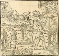 An illustration from Georgii Agricolae De re metallica libri XII. qvibus officia, instrumenta, machinae, ac omnia deni ad metallicam spectantia, non modo luculentissimè describuntur, sed & per effigies, suis locis insertas, adiunctis latinis, germanicis appellationibus ita ob oculos ponuntur, ut clarius tradi non possint. Eivsdem De animantibvs svbterraneis liber, ab autore recognitus: cum indicibus diuersis, quicqiuid in opere tractatum est, pulchré demonstrantibus (1556)