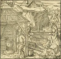 Picture 146 of 293 from Georgii Agricolae De re metallica libri XII. qvibus officia, instrumenta, machinae, ac omnia deni ad metallicam spectantia, non modo luculentissimè describuntur, sed & per effigies, suis locis insertas, adiunctis latinis, germanicis appellationibus ita ob oculos ponuntur, ut clarius tradi non possint. Eivsdem De animantibvs svbterraneis liber, ab autore recognitus: cum indicibus diuersis, quicqiuid in opere tractatum est, pulchré demonstrantibus (1556), leaf 244