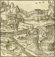 Picture 149 of 293 from Georgii Agricolae De re metallica libri XII. qvibus officia, instrumenta, machinae, ac omnia deni ad metallicam spectantia, non modo luculentissimè describuntur, sed & per effigies, suis locis insertas, adiunctis latinis, germanicis appellationibus ita ob oculos ponuntur, ut clarius tradi non possint. Eivsdem De animantibvs svbterraneis liber, ab autore recognitus: cum indicibus diuersis, quicqiuid in opere tractatum est, pulchré demonstrantibus (1556), leaf 248