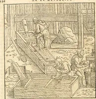 An illustration from Georgii Agricolae De re metallica libri XII. qvibus officia, instrumenta, machinae, ac omnia deni ad metallicam spectantia, non modo luculentissimè describuntur, sed & per effigies, suis locis insertas, adiunctis latinis, germanicis appellationibus ita ob oculos ponuntur, ut clarius tradi non possint. Eivsdem De animantibvs svbterraneis liber, ab autore recognitus: cum indicibus diuersis, quicqiuid in opere tractatum est, pulchré demonstrantibus (1556)