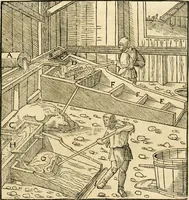 Picture 154 of 293 from Georgii Agricolae De re metallica libri XII. qvibus officia, instrumenta, machinae, ac omnia deni ad metallicam spectantia, non modo luculentissimè describuntur, sed & per effigies, suis locis insertas, adiunctis latinis, germanicis appellationibus ita ob oculos ponuntur, ut clarius tradi non possint. Eivsdem De animantibvs svbterraneis liber, ab autore recognitus: cum indicibus diuersis, quicqiuid in opere tractatum est, pulchré demonstrantibus (1556), leaf 256