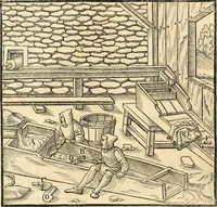 Picture 155 of 293 from Georgii Agricolae De re metallica libri XII. qvibus officia, instrumenta, machinae, ac omnia deni ad metallicam spectantia, non modo luculentissimè describuntur, sed & per effigies, suis locis insertas, adiunctis latinis, germanicis appellationibus ita ob oculos ponuntur, ut clarius tradi non possint. Eivsdem De animantibvs svbterraneis liber, ab autore recognitus: cum indicibus diuersis, quicqiuid in opere tractatum est, pulchré demonstrantibus (1556), leaf 257