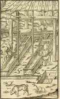 Picture 156 of 293 from Georgii Agricolae De re metallica libri XII. qvibus officia, instrumenta, machinae, ac omnia deni ad metallicam spectantia, non modo luculentissimè describuntur, sed & per effigies, suis locis insertas, adiunctis latinis, germanicis appellationibus ita ob oculos ponuntur, ut clarius tradi non possint. Eivsdem De animantibvs svbterraneis liber, ab autore recognitus: cum indicibus diuersis, quicqiuid in opere tractatum est, pulchré demonstrantibus (1556), leaf 258