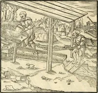 Picture 157 of 293 from Georgii Agricolae De re metallica libri XII. qvibus officia, instrumenta, machinae, ac omnia deni ad metallicam spectantia, non modo luculentissimè describuntur, sed & per effigies, suis locis insertas, adiunctis latinis, germanicis appellationibus ita ob oculos ponuntur, ut clarius tradi non possint. Eivsdem De animantibvs svbterraneis liber, ab autore recognitus: cum indicibus diuersis, quicqiuid in opere tractatum est, pulchré demonstrantibus (1556), leaf 259