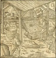 An illustration from Georgii Agricolae De re metallica libri XII. qvibus officia, instrumenta, machinae, ac omnia deni ad metallicam spectantia, non modo luculentissimè describuntur, sed & per effigies, suis locis insertas, adiunctis latinis, germanicis appellationibus ita ob oculos ponuntur, ut clarius tradi non possint. Eivsdem De animantibvs svbterraneis liber, ab autore recognitus: cum indicibus diuersis, quicqiuid in opere tractatum est, pulchré demonstrantibus (1556)