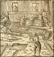 Picture 159 of 293 from Georgii Agricolae De re metallica libri XII. qvibus officia, instrumenta, machinae, ac omnia deni ad metallicam spectantia, non modo luculentissimè describuntur, sed & per effigies, suis locis insertas, adiunctis latinis, germanicis appellationibus ita ob oculos ponuntur, ut clarius tradi non possint. Eivsdem De animantibvs svbterraneis liber, ab autore recognitus: cum indicibus diuersis, quicqiuid in opere tractatum est, pulchré demonstrantibus (1556), leaf 261