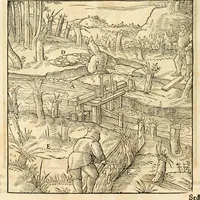 An illustration from Georgii Agricolae De re metallica libri XII. qvibus officia, instrumenta, machinae, ac omnia deni ad metallicam spectantia, non modo luculentissimè describuntur, sed & per effigies, suis locis insertas, adiunctis latinis, germanicis appellationibus ita ob oculos ponuntur, ut clarius tradi non possint. Eivsdem De animantibvs svbterraneis liber, ab autore recognitus: cum indicibus diuersis, quicqiuid in opere tractatum est, pulchré demonstrantibus (1556)