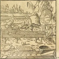 An illustration from Georgii Agricolae De re metallica libri XII. qvibus officia, instrumenta, machinae, ac omnia deni ad metallicam spectantia, non modo luculentissimè describuntur, sed & per effigies, suis locis insertas, adiunctis latinis, germanicis appellationibus ita ob oculos ponuntur, ut clarius tradi non possint. Eivsdem De animantibvs svbterraneis liber, ab autore recognitus: cum indicibus diuersis, quicqiuid in opere tractatum est, pulchré demonstrantibus (1556)
