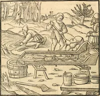 Picture 173 of 293 from Georgii Agricolae De re metallica libri XII. qvibus officia, instrumenta, machinae, ac omnia deni ad metallicam spectantia, non modo luculentissimè describuntur, sed & per effigies, suis locis insertas, adiunctis latinis, germanicis appellationibus ita ob oculos ponuntur, ut clarius tradi non possint. Eivsdem De animantibvs svbterraneis liber, ab autore recognitus: cum indicibus diuersis, quicqiuid in opere tractatum est, pulchré demonstrantibus (1556), leaf 279
