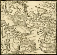 An illustration from Georgii Agricolae De re metallica libri XII. qvibus officia, instrumenta, machinae, ac omnia deni ad metallicam spectantia, non modo luculentissimè describuntur, sed & per effigies, suis locis insertas, adiunctis latinis, germanicis appellationibus ita ob oculos ponuntur, ut clarius tradi non possint. Eivsdem De animantibvs svbterraneis liber, ab autore recognitus: cum indicibus diuersis, quicqiuid in opere tractatum est, pulchré demonstrantibus (1556)