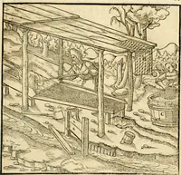 Picture 178 of 293 from Georgii Agricolae De re metallica libri XII. qvibus officia, instrumenta, machinae, ac omnia deni ad metallicam spectantia, non modo luculentissimè describuntur, sed & per effigies, suis locis insertas, adiunctis latinis, germanicis appellationibus ita ob oculos ponuntur, ut clarius tradi non possint. Eivsdem De animantibvs svbterraneis liber, ab autore recognitus: cum indicibus diuersis, quicqiuid in opere tractatum est, pulchré demonstrantibus (1556), leaf 284