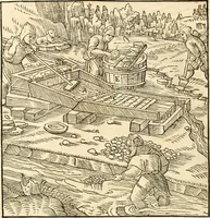 Picture 179 of 293 from Georgii Agricolae De re metallica libri XII. qvibus officia, instrumenta, machinae, ac omnia deni ad metallicam spectantia, non modo luculentissimè describuntur, sed & per effigies, suis locis insertas, adiunctis latinis, germanicis appellationibus ita ob oculos ponuntur, ut clarius tradi non possint. Eivsdem De animantibvs svbterraneis liber, ab autore recognitus: cum indicibus diuersis, quicqiuid in opere tractatum est, pulchré demonstrantibus (1556), leaf 285