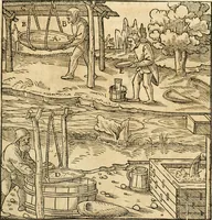 An illustration from Georgii Agricolae De re metallica libri XII. qvibus officia, instrumenta, machinae, ac omnia deni ad metallicam spectantia, non modo luculentissimè describuntur, sed & per effigies, suis locis insertas, adiunctis latinis, germanicis appellationibus ita ob oculos ponuntur, ut clarius tradi non possint. Eivsdem De animantibvs svbterraneis liber, ab autore recognitus: cum indicibus diuersis, quicqiuid in opere tractatum est, pulchré demonstrantibus (1556)