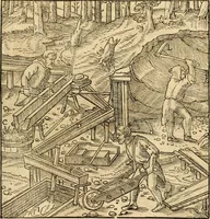 Picture 184 of 293 from Georgii Agricolae De re metallica libri XII. qvibus officia, instrumenta, machinae, ac omnia deni ad metallicam spectantia, non modo luculentissimè describuntur, sed & per effigies, suis locis insertas, adiunctis latinis, germanicis appellationibus ita ob oculos ponuntur, ut clarius tradi non possint. Eivsdem De animantibvs svbterraneis liber, ab autore recognitus: cum indicibus diuersis, quicqiuid in opere tractatum est, pulchré demonstrantibus (1556), leaf 290