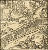 An illustration from Georgii Agricolae De re metallica libri XII. qvibus officia, instrumenta, machinae, ac omnia deni ad metallicam spectantia, non modo luculentissimè describuntur, sed & per effigies, suis locis insertas, adiunctis latinis, germanicis appellationibus ita ob oculos ponuntur, ut clarius tradi non possint. Eivsdem De animantibvs svbterraneis liber, ab autore recognitus: cum indicibus diuersis, quicqiuid in opere tractatum est, pulchré demonstrantibus (1556)