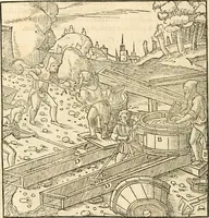Picture 187 of 293 from Georgii Agricolae De re metallica libri XII. qvibus officia, instrumenta, machinae, ac omnia deni ad metallicam spectantia, non modo luculentissimè describuntur, sed & per effigies, suis locis insertas, adiunctis latinis, germanicis appellationibus ita ob oculos ponuntur, ut clarius tradi non possint. Eivsdem De animantibvs svbterraneis liber, ab autore recognitus: cum indicibus diuersis, quicqiuid in opere tractatum est, pulchré demonstrantibus (1556), leaf 293