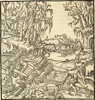 An illustration from Georgii Agricolae De re metallica libri XII. qvibus officia, instrumenta, machinae, ac omnia deni ad metallicam spectantia, non modo luculentissimè describuntur, sed & per effigies, suis locis insertas, adiunctis latinis, germanicis appellationibus ita ob oculos ponuntur, ut clarius tradi non possint. Eivsdem De animantibvs svbterraneis liber, ab autore recognitus: cum indicibus diuersis, quicqiuid in opere tractatum est, pulchré demonstrantibus (1556)
