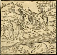 Picture 192 of 293 from Georgii Agricolae De re metallica libri XII. qvibus officia, instrumenta, machinae, ac omnia deni ad metallicam spectantia, non modo luculentissimè describuntur, sed & per effigies, suis locis insertas, adiunctis latinis, germanicis appellationibus ita ob oculos ponuntur, ut clarius tradi non possint. Eivsdem De animantibvs svbterraneis liber, ab autore recognitus: cum indicibus diuersis, quicqiuid in opere tractatum est, pulchré demonstrantibus (1556), leaf 300