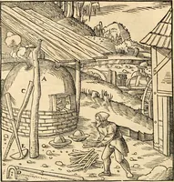 Picture 193 of 293 from Georgii Agricolae De re metallica libri XII. qvibus officia, instrumenta, machinae, ac omnia deni ad metallicam spectantia, non modo luculentissimè describuntur, sed & per effigies, suis locis insertas, adiunctis latinis, germanicis appellationibus ita ob oculos ponuntur, ut clarius tradi non possint. Eivsdem De animantibvs svbterraneis liber, ab autore recognitus: cum indicibus diuersis, quicqiuid in opere tractatum est, pulchré demonstrantibus (1556), leaf 301