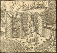 Picture 195 of 293 from Georgii Agricolae De re metallica libri XII. qvibus officia, instrumenta, machinae, ac omnia deni ad metallicam spectantia, non modo luculentissimè describuntur, sed & per effigies, suis locis insertas, adiunctis latinis, germanicis appellationibus ita ob oculos ponuntur, ut clarius tradi non possint. Eivsdem De animantibvs svbterraneis liber, ab autore recognitus: cum indicibus diuersis, quicqiuid in opere tractatum est, pulchré demonstrantibus (1556), leaf 303