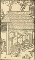An illustration from Georgii Agricolae De re metallica libri XII. qvibus officia, instrumenta, machinae, ac omnia deni ad metallicam spectantia, non modo luculentissimè describuntur, sed & per effigies, suis locis insertas, adiunctis latinis, germanicis appellationibus ita ob oculos ponuntur, ut clarius tradi non possint. Eivsdem De animantibvs svbterraneis liber, ab autore recognitus: cum indicibus diuersis, quicqiuid in opere tractatum est, pulchré demonstrantibus (1556)