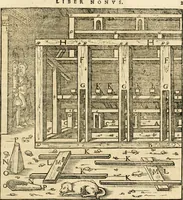 Picture 201 of 293 from Georgii Agricolae De re metallica libri XII. qvibus officia, instrumenta, machinae, ac omnia deni ad metallicam spectantia, non modo luculentissimè describuntur, sed & per effigies, suis locis insertas, adiunctis latinis, germanicis appellationibus ita ob oculos ponuntur, ut clarius tradi non possint. Eivsdem De animantibvs svbterraneis liber, ab autore recognitus: cum indicibus diuersis, quicqiuid in opere tractatum est, pulchré demonstrantibus (1556), leaf 318