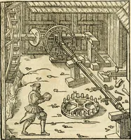 An illustration from Georgii Agricolae De re metallica libri XII. qvibus officia, instrumenta, machinae, ac omnia deni ad metallicam spectantia, non modo luculentissimè describuntur, sed & per effigies, suis locis insertas, adiunctis latinis, germanicis appellationibus ita ob oculos ponuntur, ut clarius tradi non possint. Eivsdem De animantibvs svbterraneis liber, ab autore recognitus: cum indicibus diuersis, quicqiuid in opere tractatum est, pulchré demonstrantibus (1556)