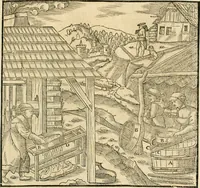 Picture 205 of 293 from Georgii Agricolae De re metallica libri XII. qvibus officia, instrumenta, machinae, ac omnia deni ad metallicam spectantia, non modo luculentissimè describuntur, sed & per effigies, suis locis insertas, adiunctis latinis, germanicis appellationibus ita ob oculos ponuntur, ut clarius tradi non possint. Eivsdem De animantibvs svbterraneis liber, ab autore recognitus: cum indicibus diuersis, quicqiuid in opere tractatum est, pulchré demonstrantibus (1556), leaf 324