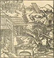 Picture 206 of 293 from Georgii Agricolae De re metallica libri XII. qvibus officia, instrumenta, machinae, ac omnia deni ad metallicam spectantia, non modo luculentissimè describuntur, sed & per effigies, suis locis insertas, adiunctis latinis, germanicis appellationibus ita ob oculos ponuntur, ut clarius tradi non possint. Eivsdem De animantibvs svbterraneis liber, ab autore recognitus: cum indicibus diuersis, quicqiuid in opere tractatum est, pulchré demonstrantibus (1556), leaf 325