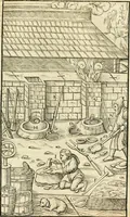 Picture 210 of 293 from Georgii Agricolae De re metallica libri XII. qvibus officia, instrumenta, machinae, ac omnia deni ad metallicam spectantia, non modo luculentissimè describuntur, sed & per effigies, suis locis insertas, adiunctis latinis, germanicis appellationibus ita ob oculos ponuntur, ut clarius tradi non possint. Eivsdem De animantibvs svbterraneis liber, ab autore recognitus: cum indicibus diuersis, quicqiuid in opere tractatum est, pulchré demonstrantibus (1556), leaf 336