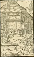 An illustration from Georgii Agricolae De re metallica libri XII. qvibus officia, instrumenta, machinae, ac omnia deni ad metallicam spectantia, non modo luculentissimè describuntur, sed & per effigies, suis locis insertas, adiunctis latinis, germanicis appellationibus ita ob oculos ponuntur, ut clarius tradi non possint. Eivsdem De animantibvs svbterraneis liber, ab autore recognitus: cum indicibus diuersis, quicqiuid in opere tractatum est, pulchré demonstrantibus (1556)