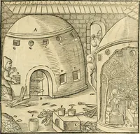 An illustration from Georgii Agricolae De re metallica libri XII. qvibus officia, instrumenta, machinae, ac omnia deni ad metallicam spectantia, non modo luculentissimè describuntur, sed & per effigies, suis locis insertas, adiunctis latinis, germanicis appellationibus ita ob oculos ponuntur, ut clarius tradi non possint. Eivsdem De animantibvs svbterraneis liber, ab autore recognitus: cum indicibus diuersis, quicqiuid in opere tractatum est, pulchré demonstrantibus (1556)