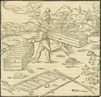 An illustration from Georgii Agricolae De re metallica libri XII. qvibus officia, instrumenta, machinae, ac omnia deni ad metallicam spectantia, non modo luculentissimè describuntur, sed & per effigies, suis locis insertas, adiunctis latinis, germanicis appellationibus ita ob oculos ponuntur, ut clarius tradi non possint. Eivsdem De animantibvs svbterraneis liber, ab autore recognitus: cum indicibus diuersis, quicqiuid in opere tractatum est, pulchré demonstrantibus (1556)